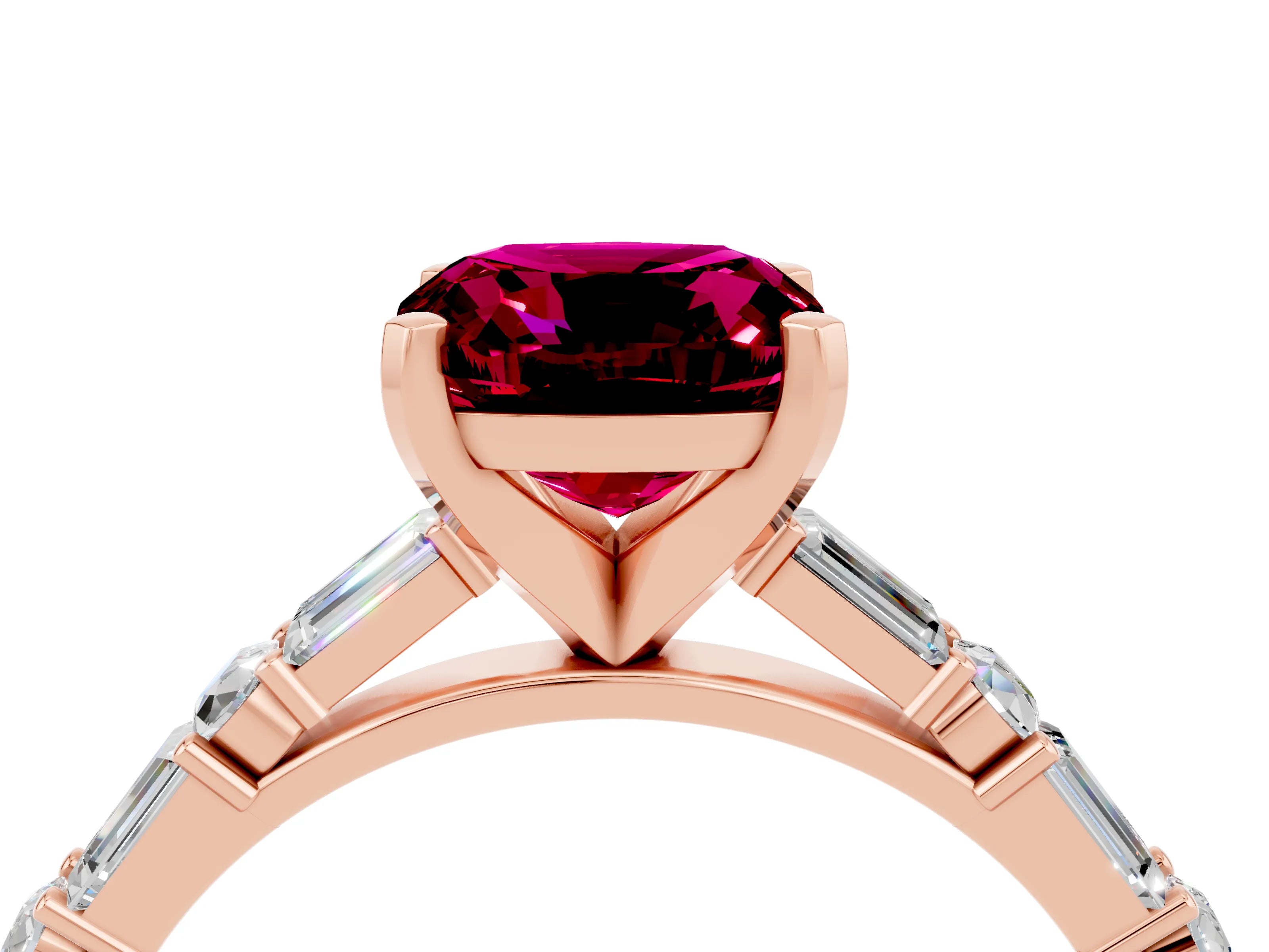 Rose gold Cushion Cut Garnet Solitaire with Side Baguettes and Channel Set Band_4