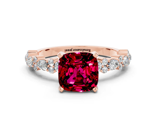 Rose gold Cushion Cut Garnet Side Stone Solitaire Ring with Round  and Four-Prong Setting