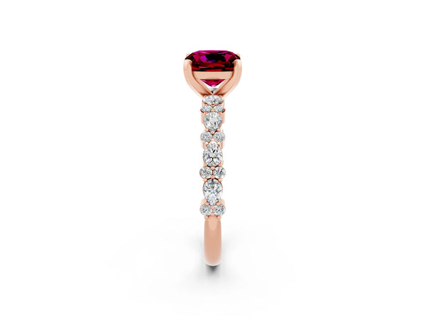 Rose gold Cushion Cut Garnet Side Stone Solitaire Ring with Round  and Four-Prong Setting