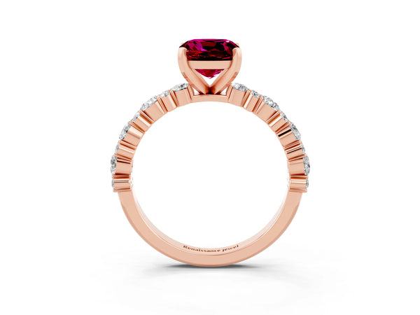 Rose gold Cushion Cut Garnet Side Stone Solitaire Ring with Round  and Four-Prong Setting