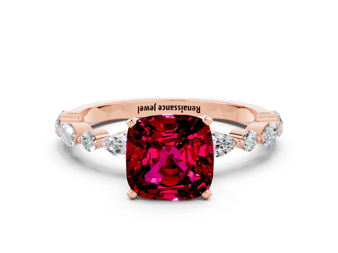 Rose gold Cushion Cut Garnet Solitaire with Side Stones on a Pavé Band and Four-Prong Setting