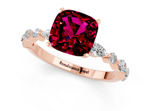 Rose gold Cushion Cut Garnet Solitaire with Side Stones on a Pavé Band and Four-Prong Setting_1