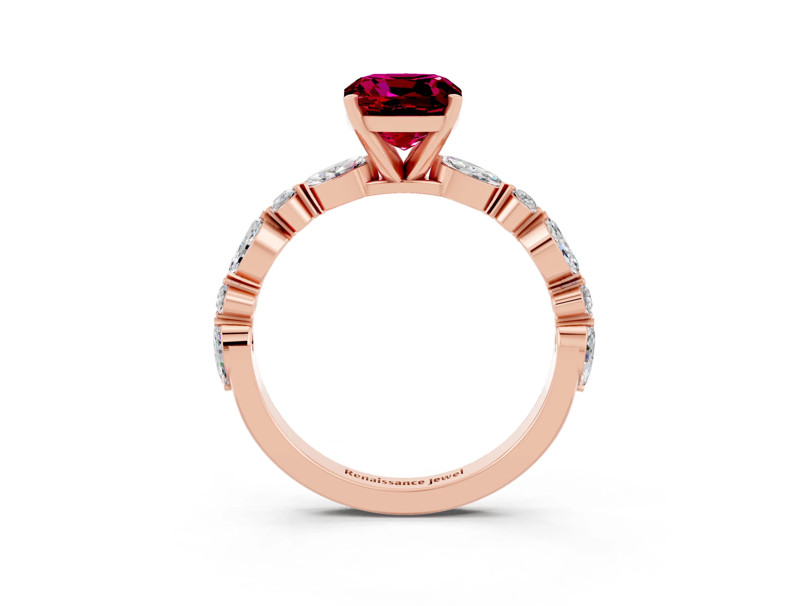 Rose gold Cushion Cut Garnet Solitaire with Side Stones on a Pavé Band and Four-Prong Setting_3