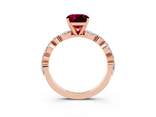 Rose gold Cushion Cut Garnet Ring with Marquise and Round  Side Stones and Four-Prong Setting