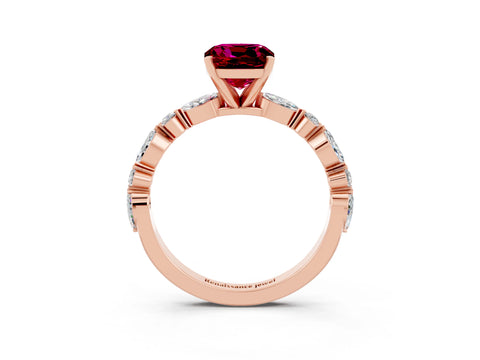 Rose gold Cushion Cut Garnet Solitaire with Side Stones on a Pavé Band and Four-Prong Setting_3