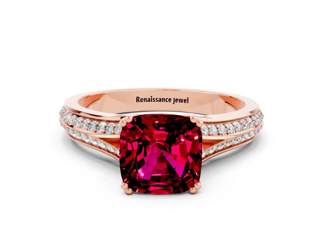 Rose gold Cushion Cut Garnet Split Shank Engagement Ring with Pavé Band