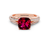 Rose gold Cushion Cut Garnet Split Shank Engagement Ring with Pavé Band