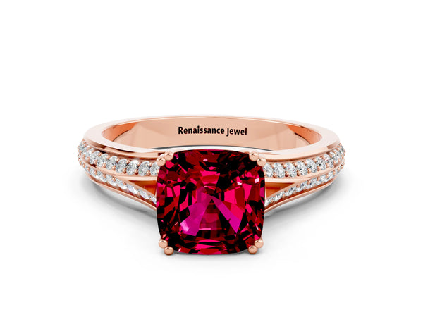Rose gold Cushion Cut Garnet Split Shank Engagement Ring with Pavé Band