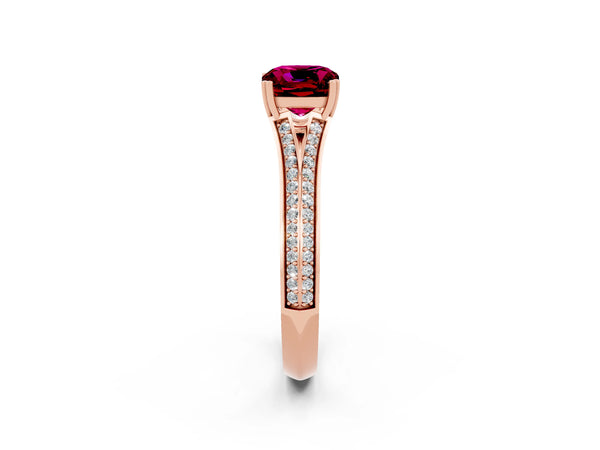 Rose gold Cushion Cut Garnet Split Shank Engagement Ring with Pavé Band