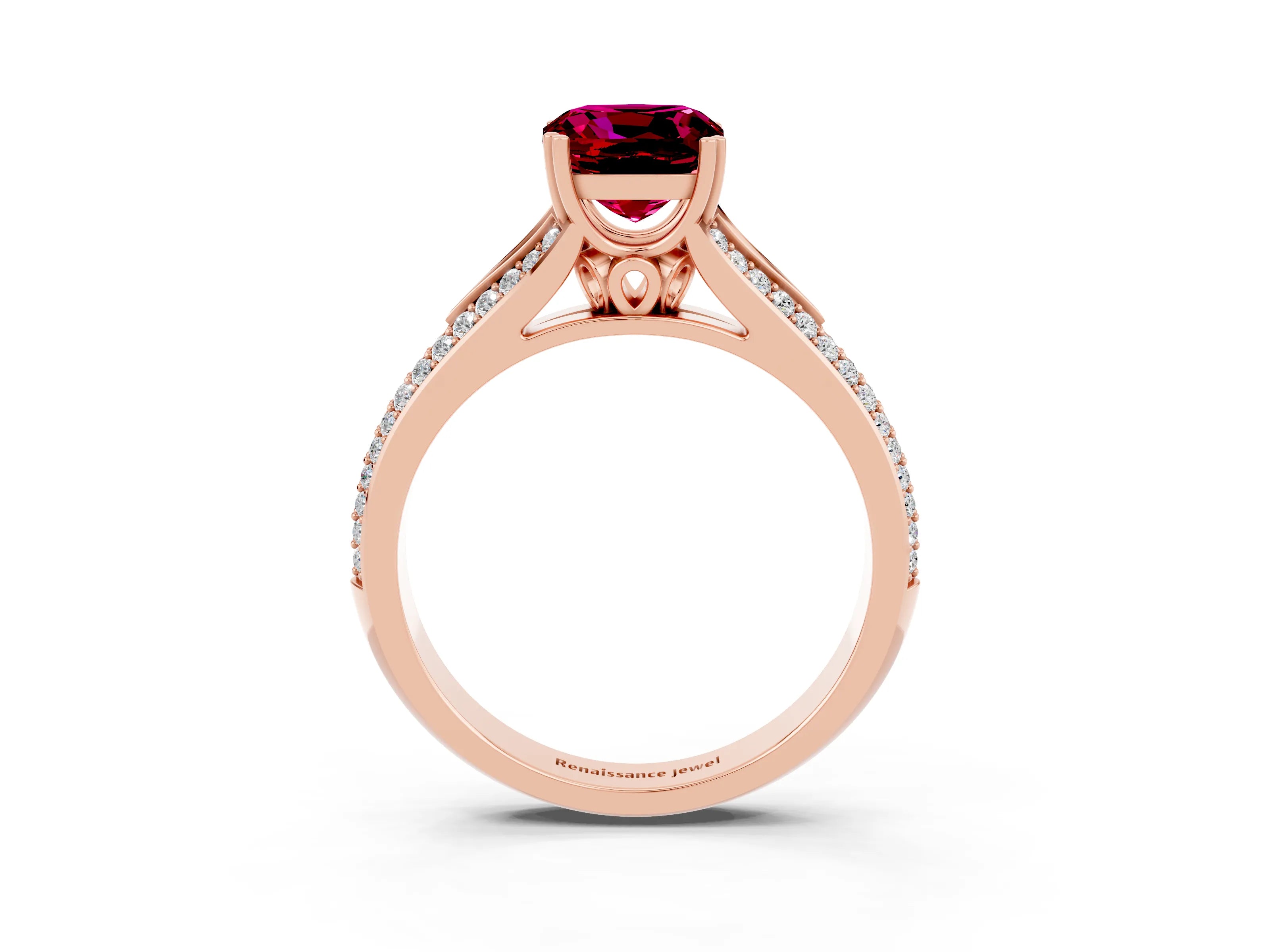 Rose gold Cushion Cut Garnet Split Shank Engagement Ring with Pavé Band_3