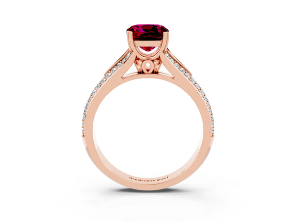 Rose gold Cushion Cut Garnet Split Shank Engagement Ring with Pavé Band