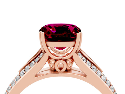 Rose gold Cushion Cut Garnet Split Shank Engagement Ring with Pavé Band_4