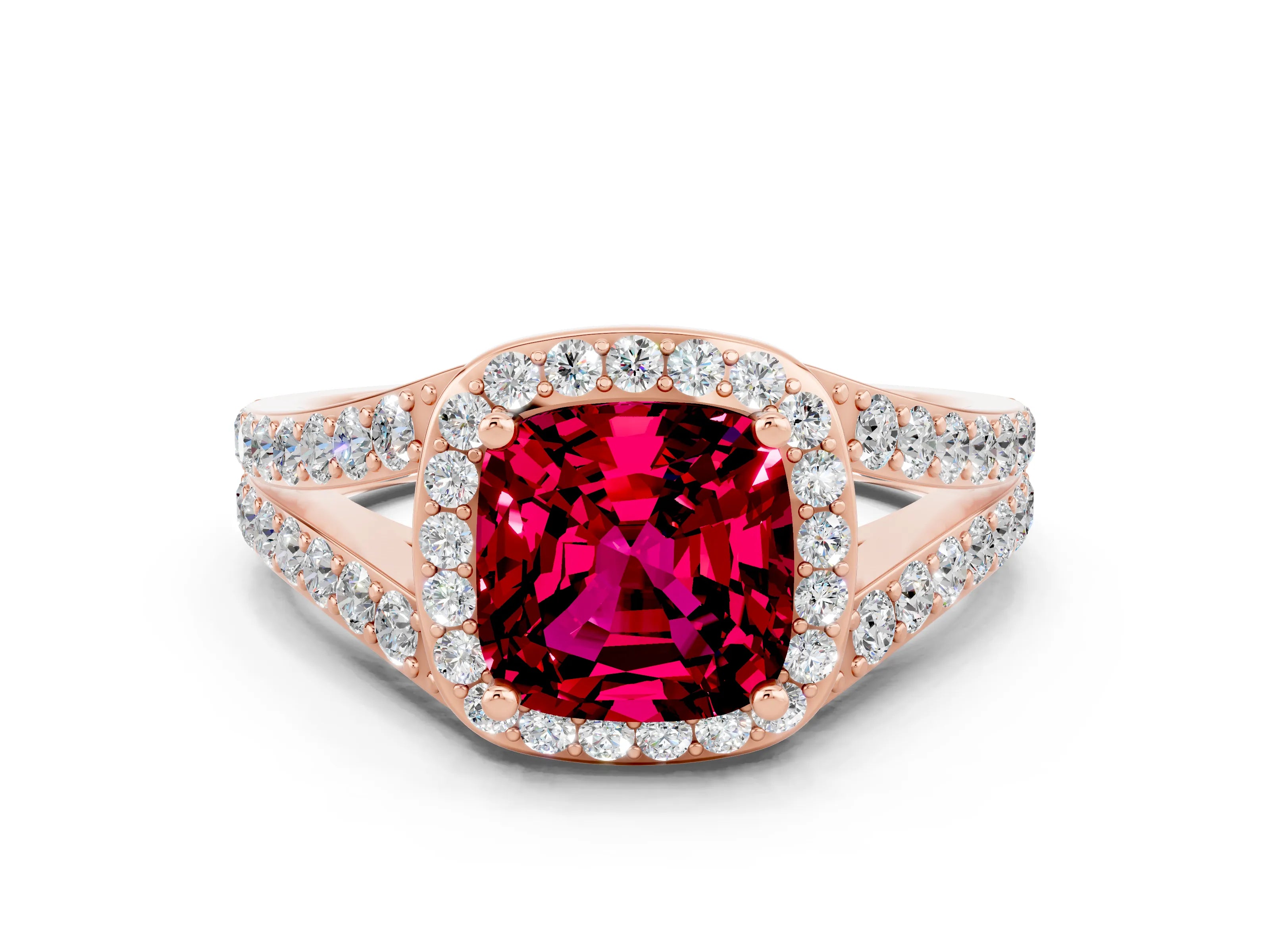 Rose gold Cushion Cut Garnet Split Shank Halo Ring with Four-Prong Setting_12