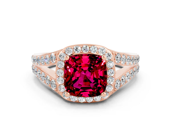 Rose gold Cushion Cut Garnet Split Shank Halo Ring with Four-Prong Setting