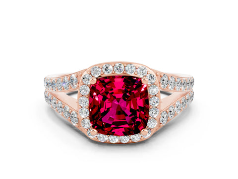 Rose gold Cushion Cut Garnet Split Shank Halo Ring with Four-Prong Setting_12