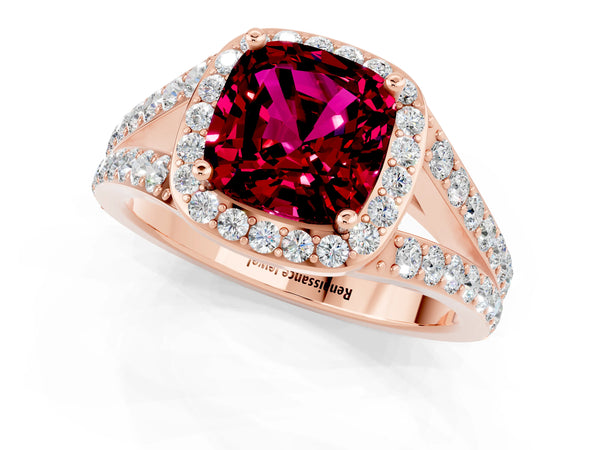 Rose gold Cushion Cut Garnet Split Shank Halo Ring with Four-Prong Setting