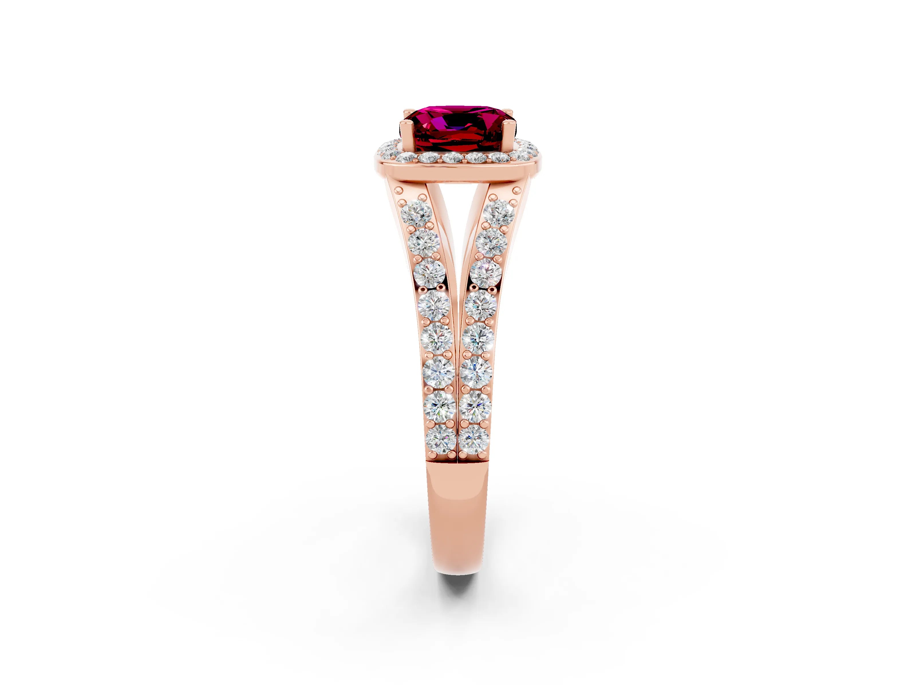 Rose gold Cushion Cut Garnet Split Shank Halo Ring with Four-Prong Setting_14