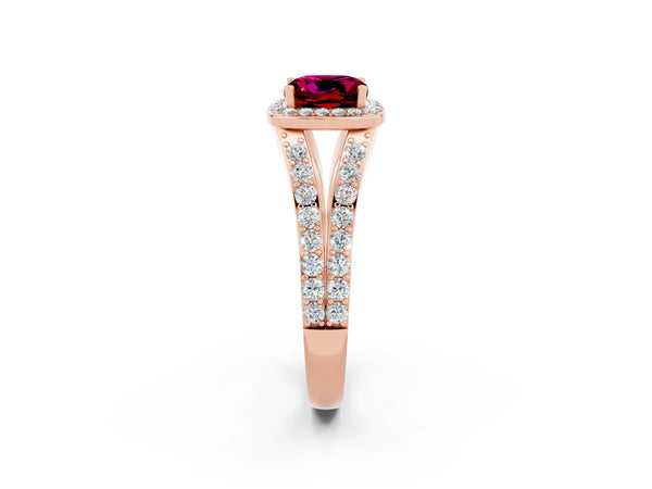 Rose gold Cushion Cut Garnet Split Shank Halo Ring with Four-Prong Setting