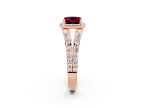 Rose gold Cushion Cut Garnet Split Shank Halo Ring with Four-Prong Setting_14