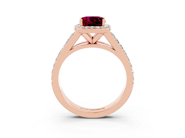 Rose gold Cushion Cut Garnet Split Shank Halo Ring with Four-Prong Setting