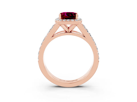 Rose gold Cushion Cut Garnet Split Shank Halo Ring with Four-Prong Setting_15