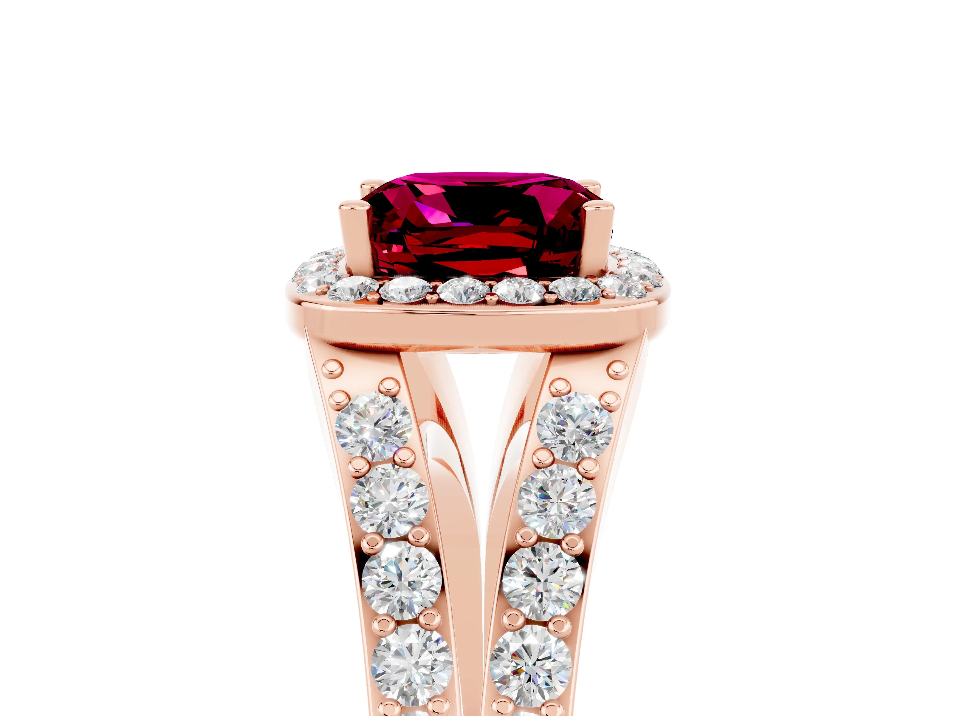 Rose gold Cushion Cut Garnet Split Shank Halo Ring with Four-Prong Setting_17