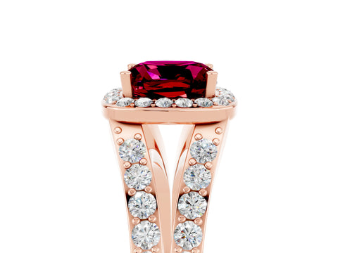 Rose gold Cushion Cut Garnet Split Shank Halo Ring with Four-Prong Setting_17