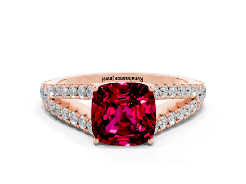 Rose gold Cushion Cut Garnet Split Shank Pavé Engagement Ring with Four-Prong Setting_12