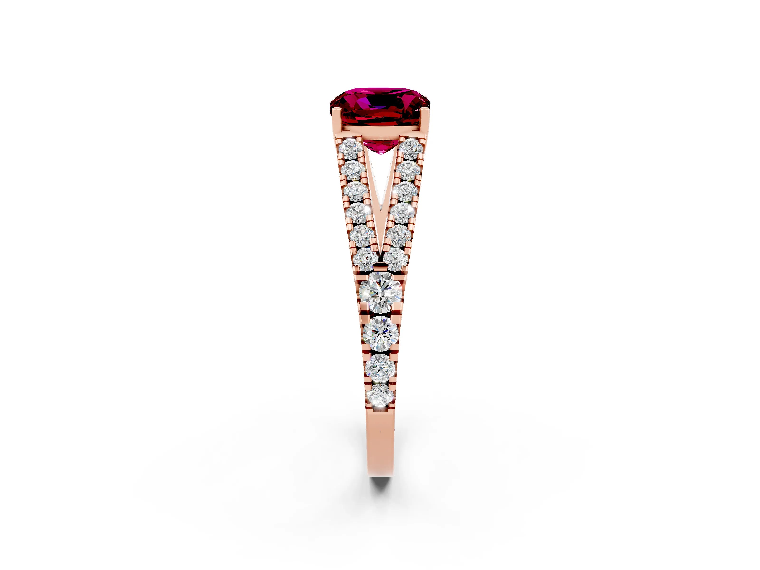 Rose gold Cushion Cut Garnet Split Shank Pavé Engagement Ring with Four-Prong Setting_14