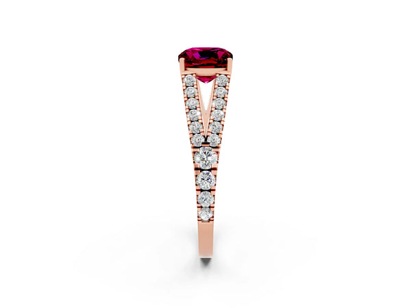 Rose gold Cushion Cut Garnet Split Shank Pavé Engagement Ring with Four-Prong Setting