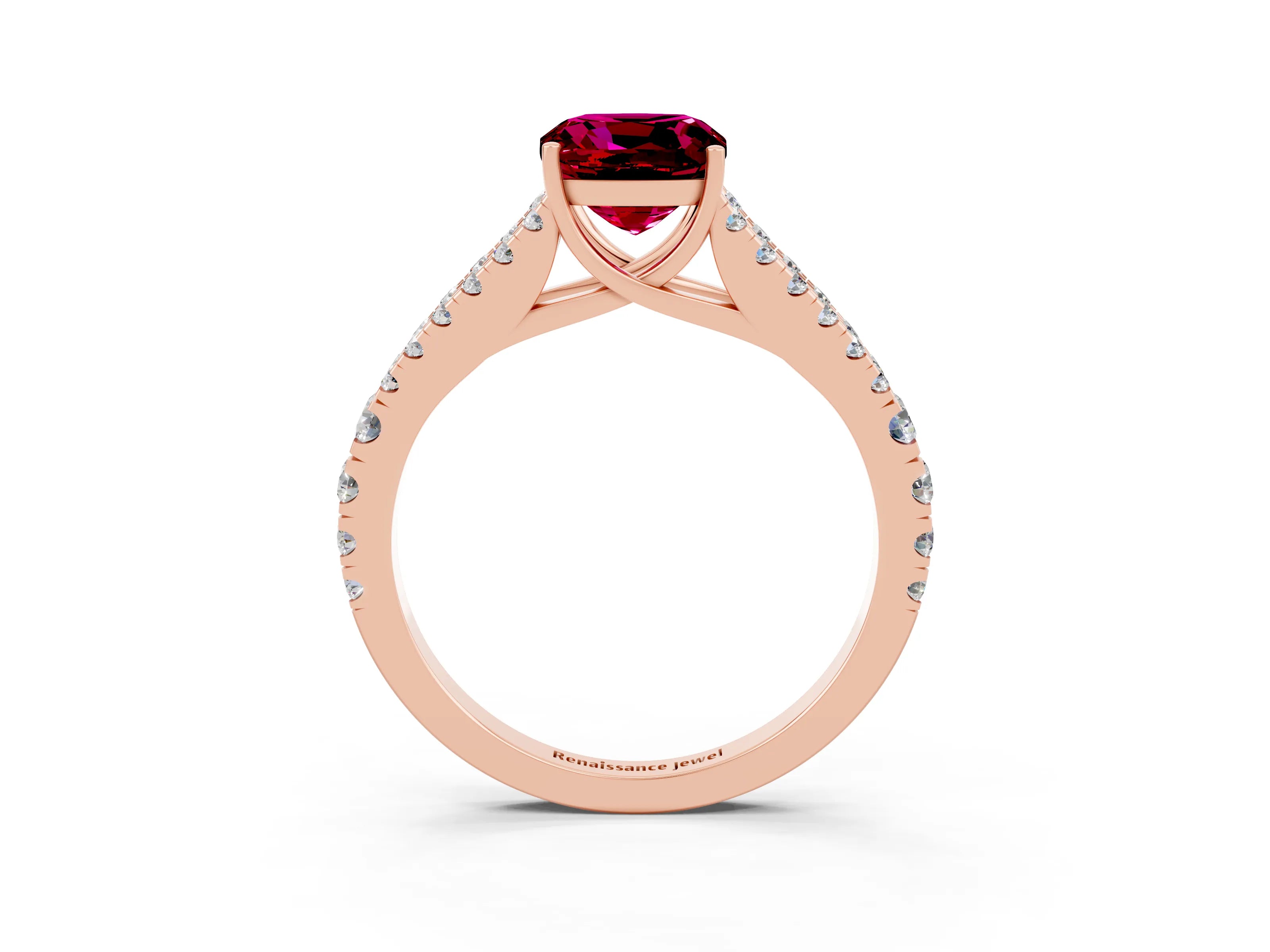Rose gold Cushion Cut Garnet Split Shank Pavé Engagement Ring with Four-Prong Setting_15