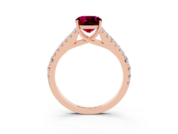 Rose gold Cushion Cut Garnet Split Shank Pavé Engagement Ring with Four-Prong Setting