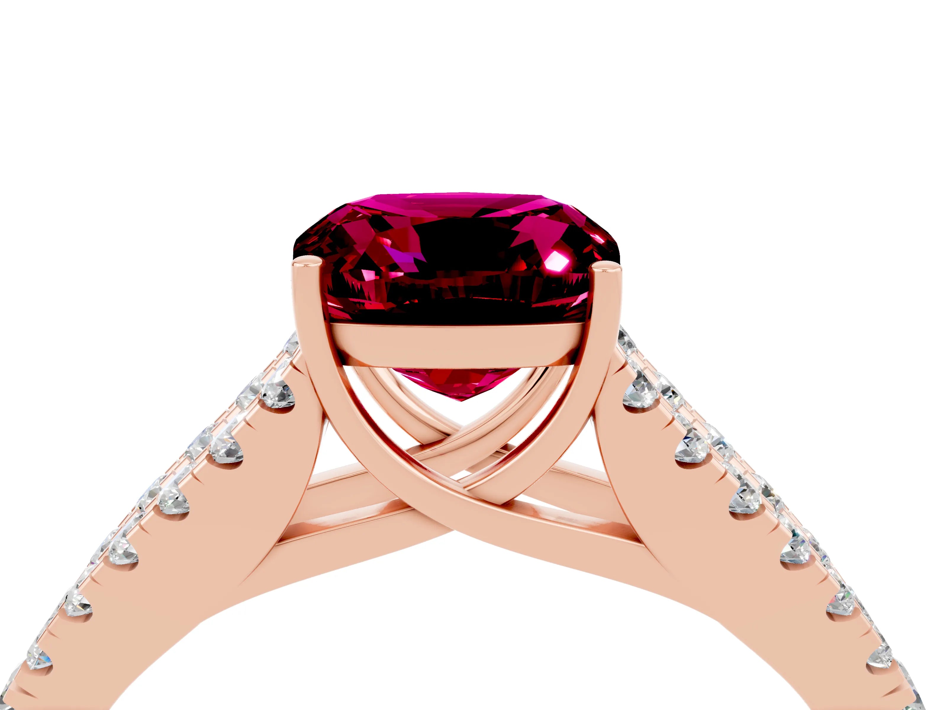 Rose gold Cushion Cut Garnet Split Shank Pavé Engagement Ring with Four-Prong Setting_16