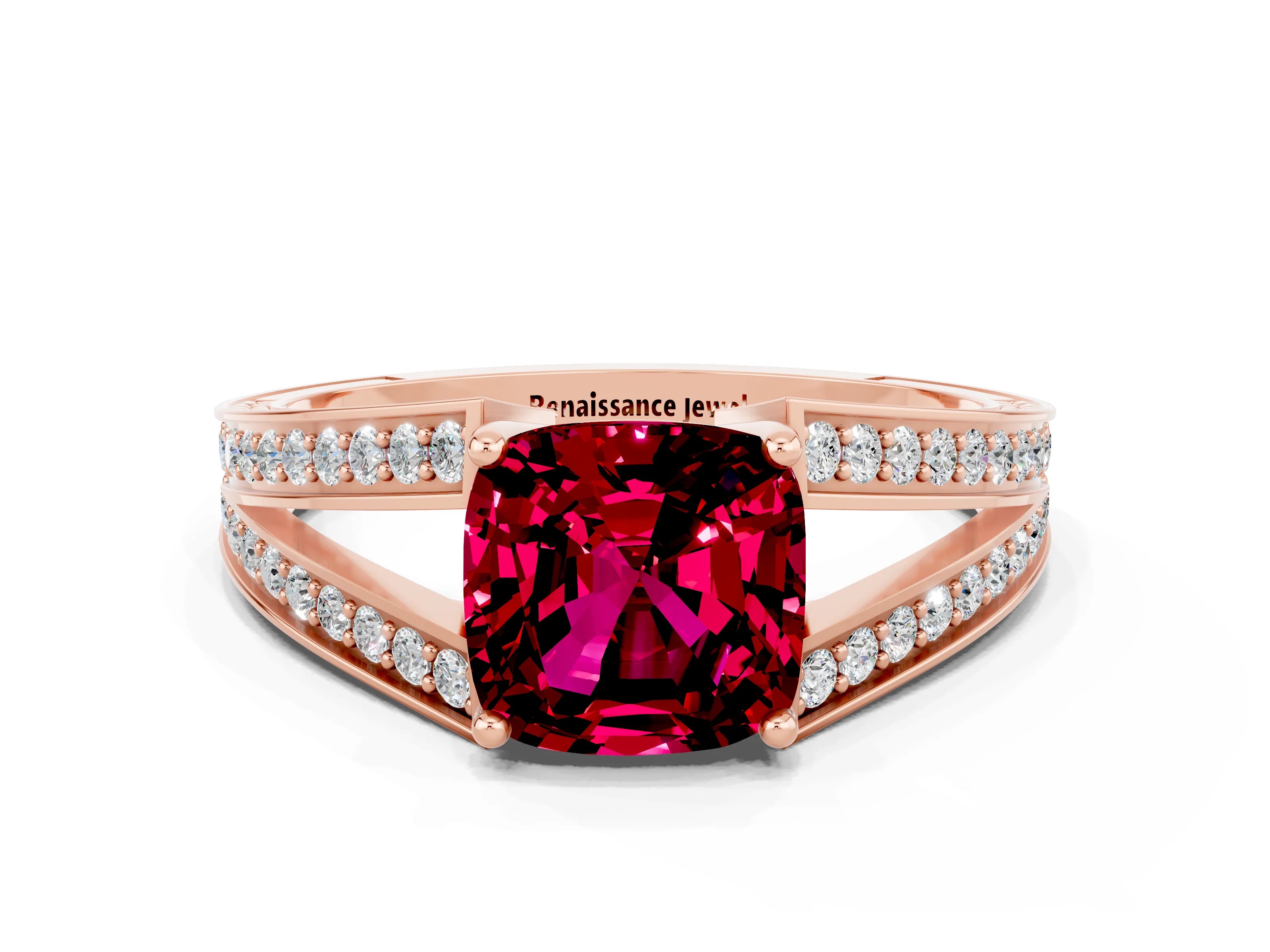 Rose gold Cushion Cut Garnet Split Shank Ring with Pavé Band and Four-Prong Setting