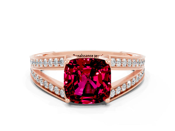 Rose gold Cushion Cut Garnet Split Shank Ring with Pavé Band and Four-Prong Setting