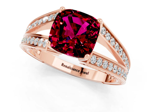 Rose gold Cushion Cut Garnet Split Shank Ring with Pavé Band and Four-Prong Setting_1