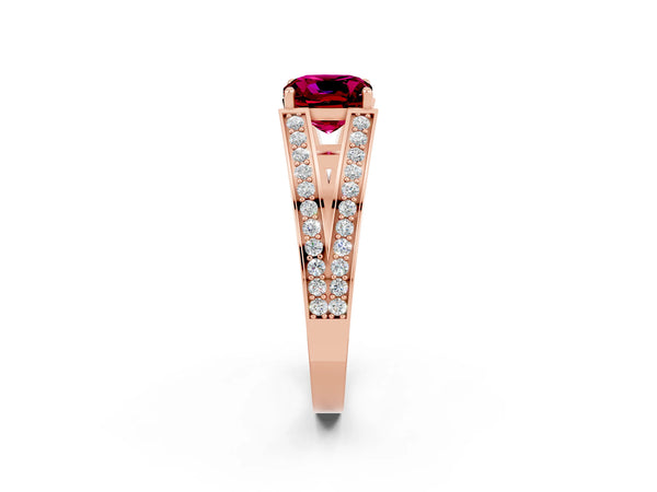 Rose gold Cushion Cut Garnet Split Shank Ring with Pavé Band and Four-Prong Setting