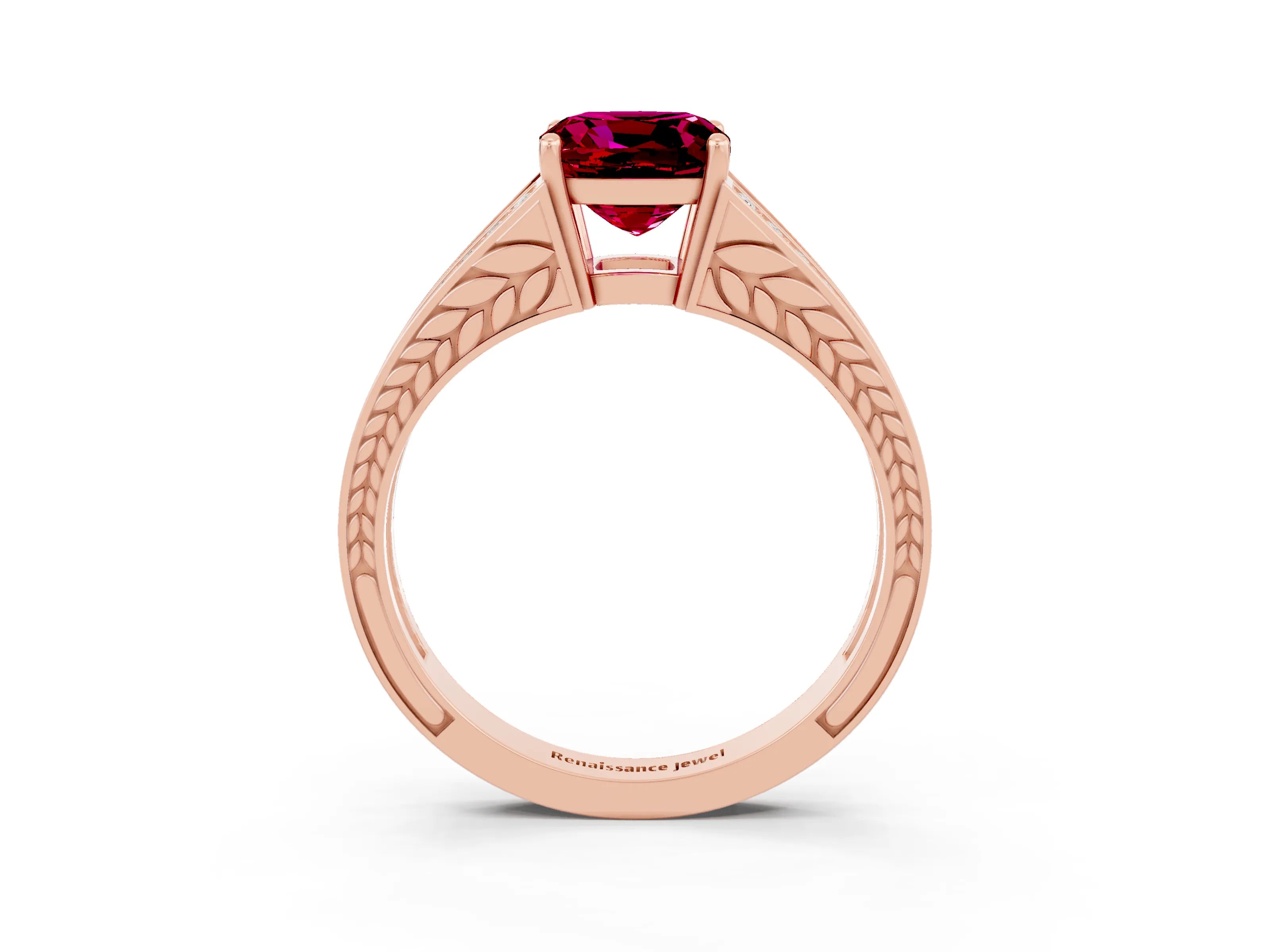 Rose gold Cushion Cut Garnet Split Shank Ring with Pavé Band and Four-Prong Setting_3