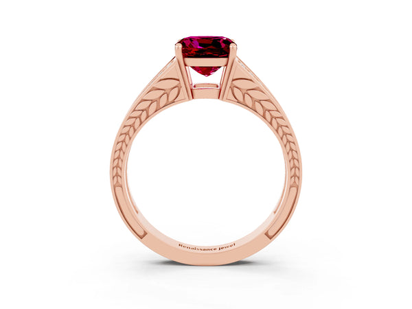 Rose gold Cushion Cut Garnet Split Shank Ring with Pavé Band and Four-Prong Setting