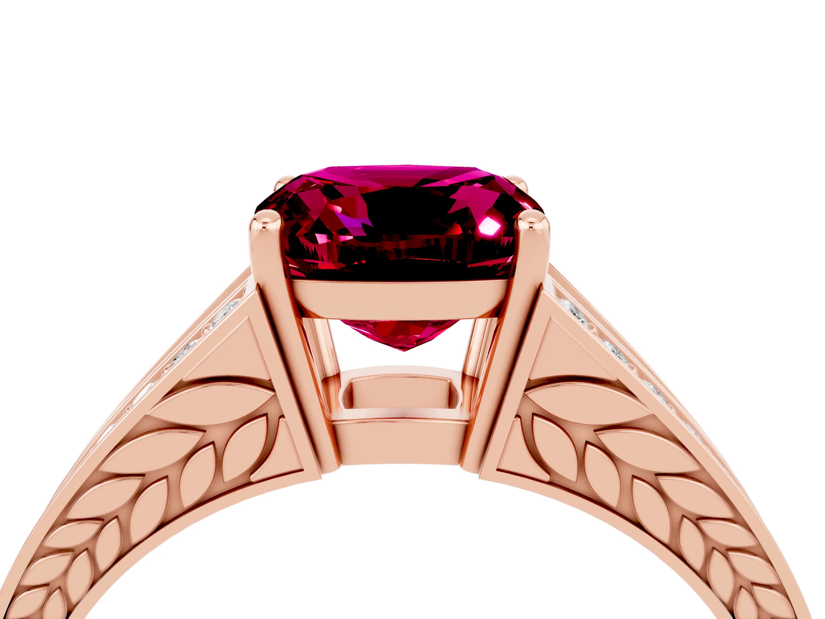 Rose gold Cushion Cut Garnet Split Shank Ring with Pavé Band and Four-Prong Setting_4