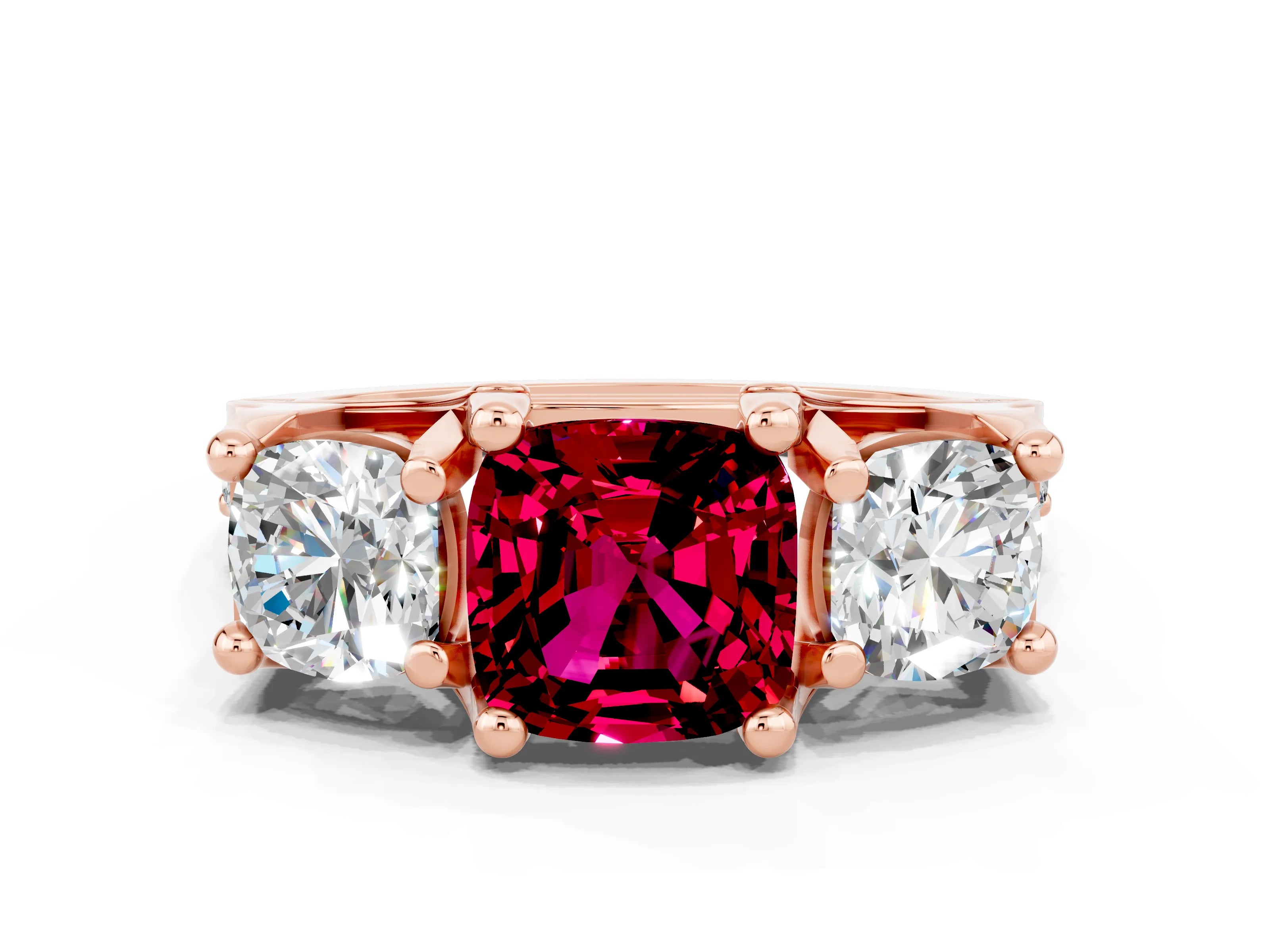 Rose gold Cushion Cut Garnet Three-Stone Ring with Channel Set Band and Four-Prong Setting
