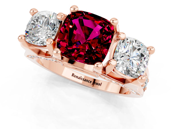 Rose gold Cushion Cut Garnet Three-Stone Ring with Channel Set Band and Four-Prong Setting