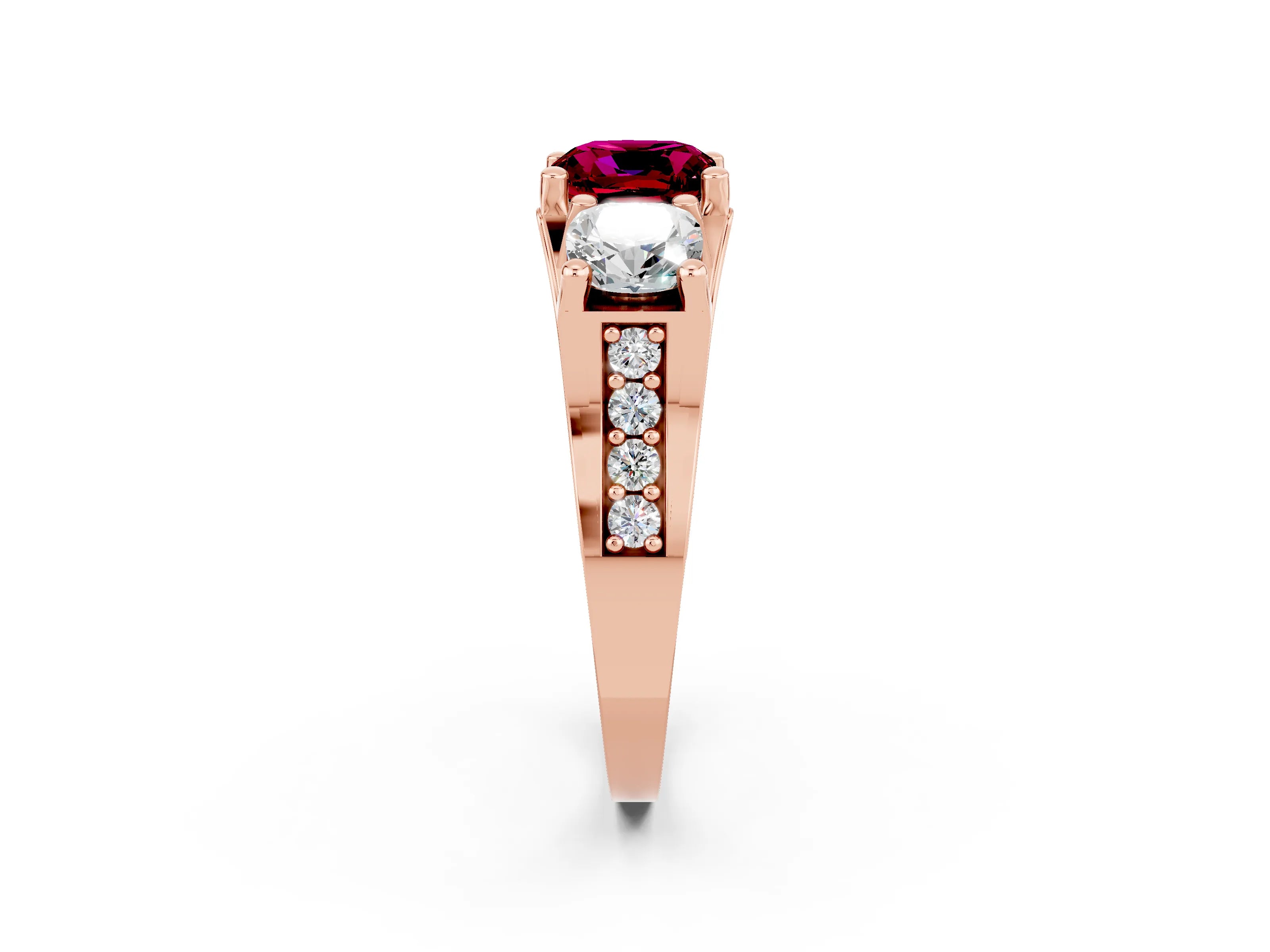 Rose gold Cushion Cut Garnet Three-Stone Ring with Channel Set Band and Four-Prong Setting_2