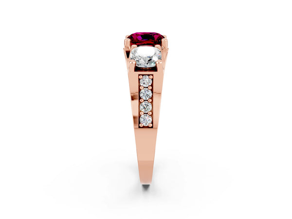 Rose gold Cushion Cut Garnet Three-Stone Ring with Channel Set Band and Four-Prong Setting