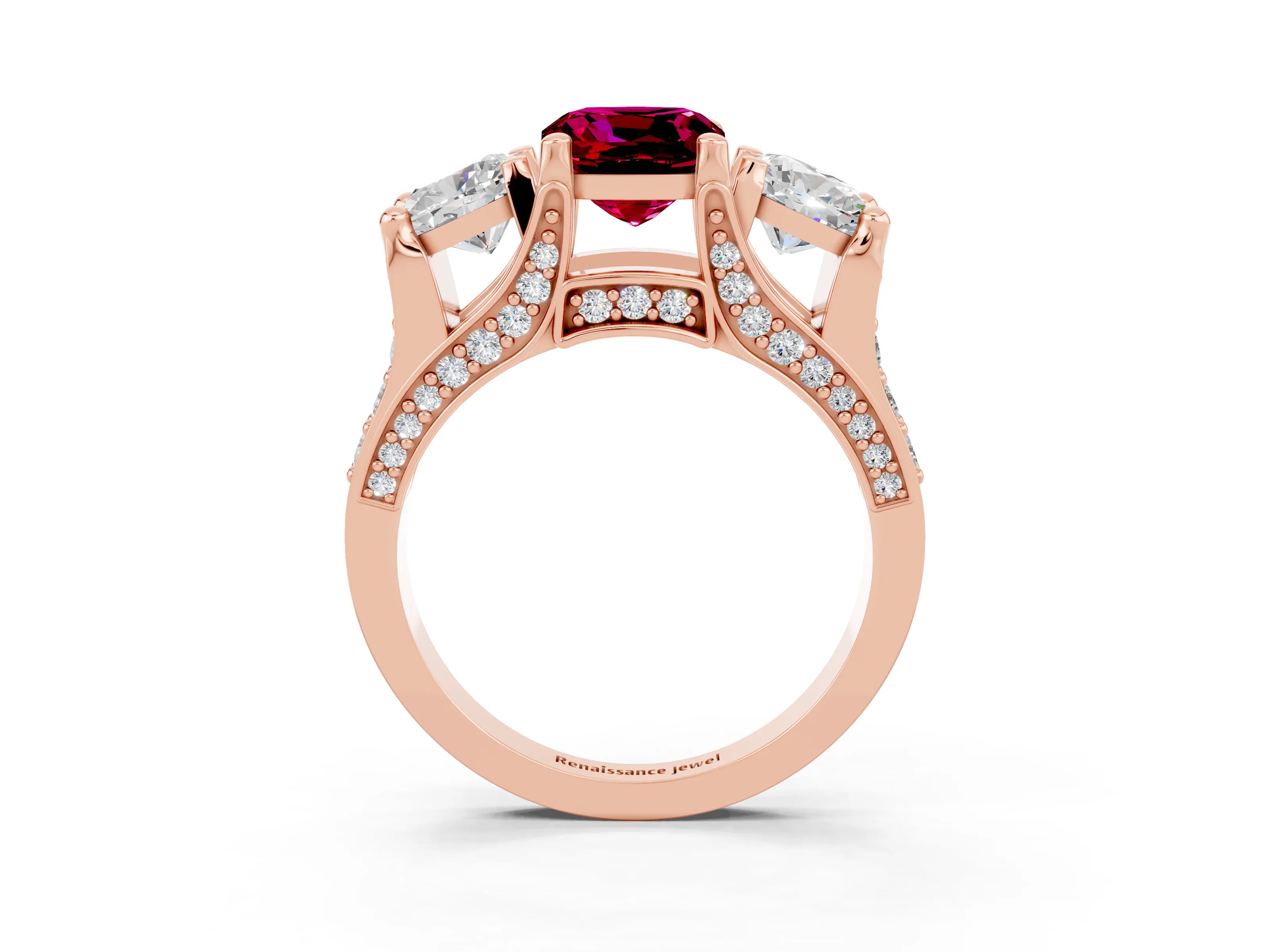 Rose gold Cushion Cut Garnet Three-Stone Ring with Channel Set Band and Four-Prong Setting_3