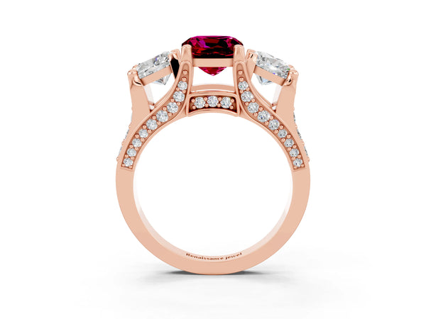 Rose gold Cushion Cut Garnet Three-Stone Ring with Channel Set Band and Four-Prong Setting