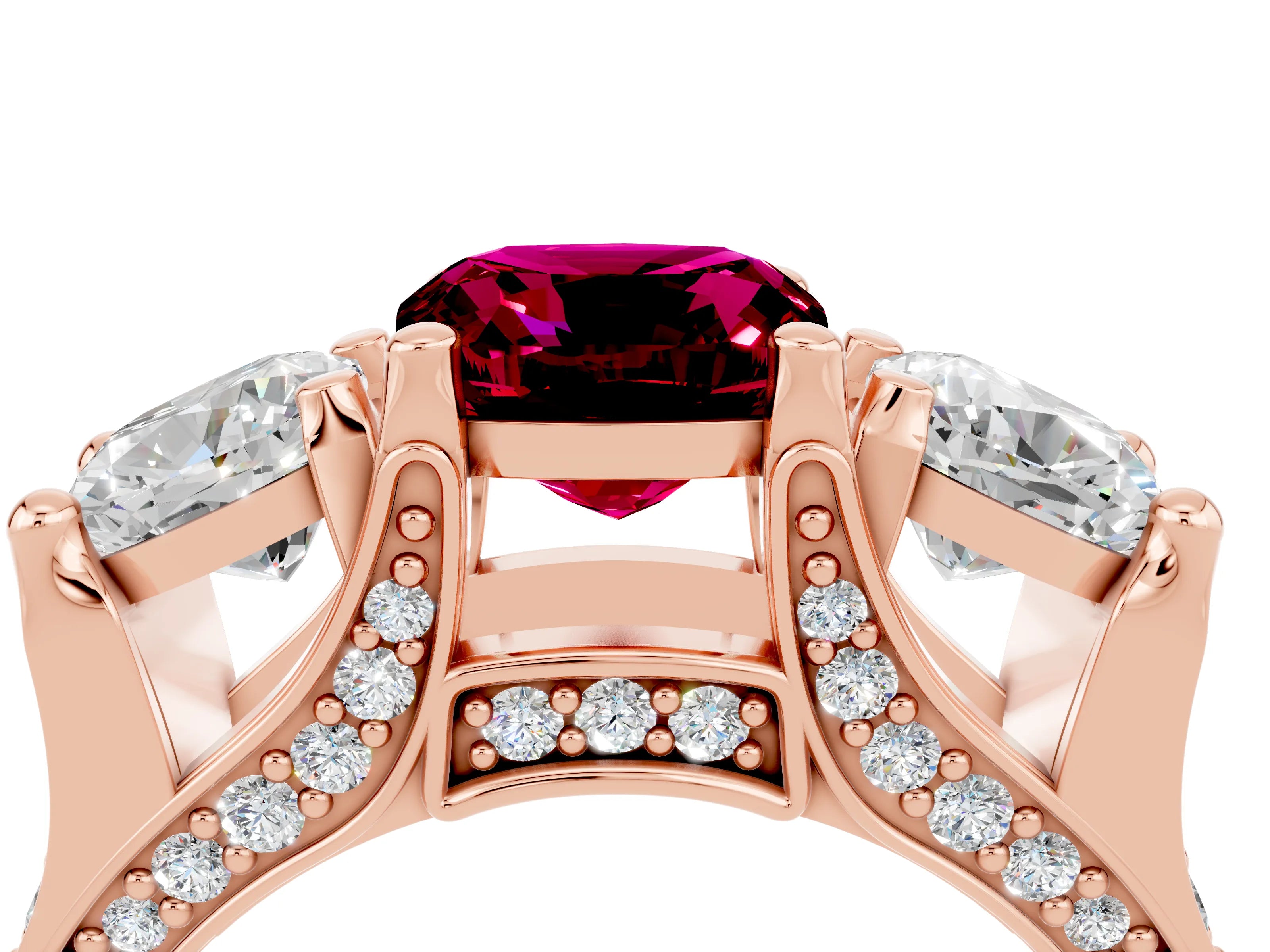 Rose gold Cushion Cut Garnet Three-Stone Ring with Channel Set Band and Four-Prong Setting_4