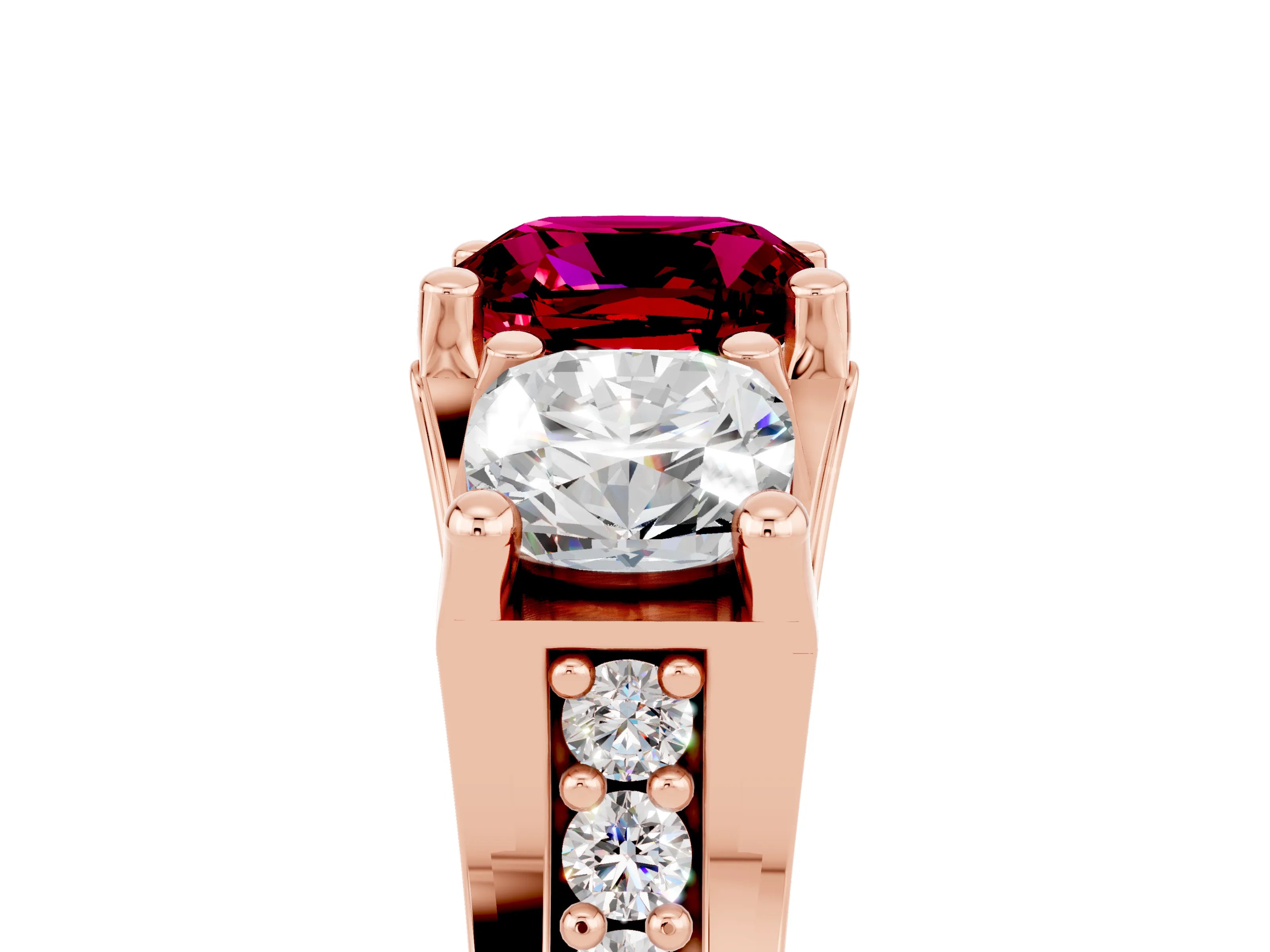 Rose gold Cushion Cut Garnet Three-Stone Ring with Channel Set Band and Four-Prong Setting_5
