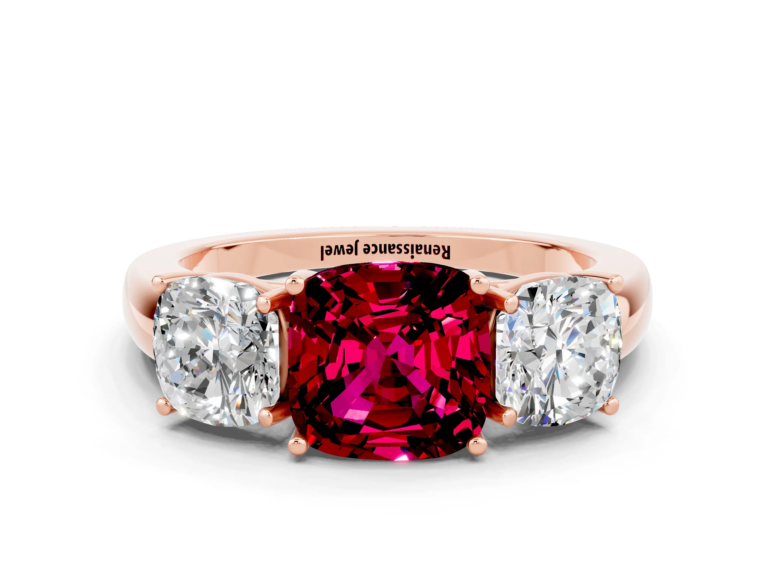 Rose gold Cushion Cut Garnet Three-Stone Ring with Four-Prong Setting and Classic Band