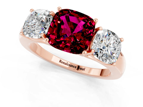 Rose gold Cushion Cut Garnet Three-Stone Ring with Four-Prong Setting and Classic Band_1